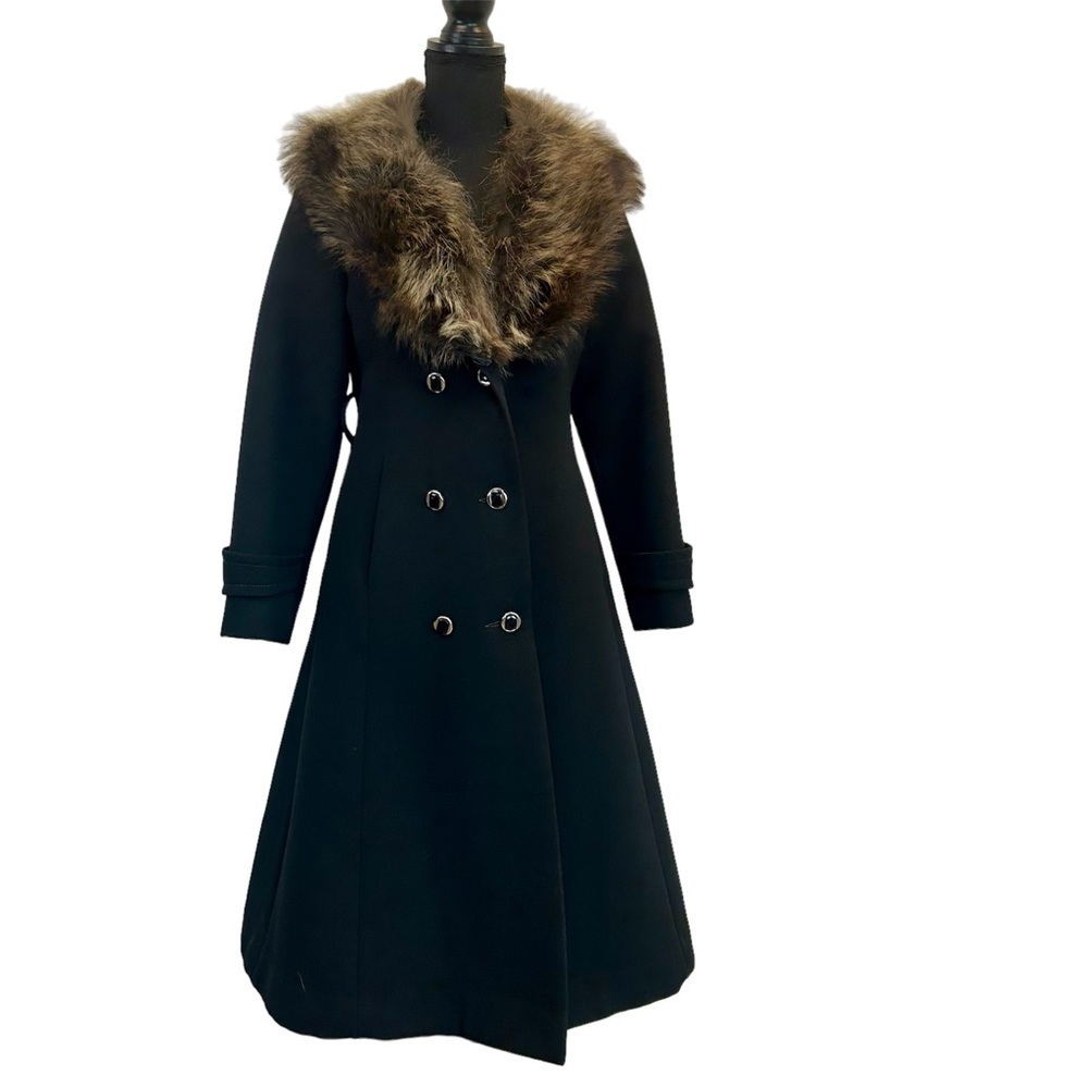 Luba by Niccolini Vintage Black double breasted wool Fur Collar dress coat